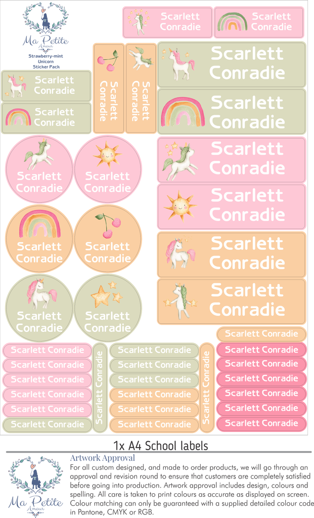 School labels : Strawberry Mint Unicorn Theme