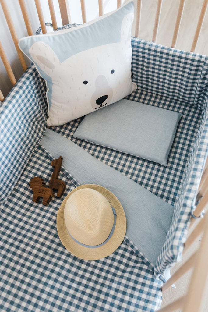 Blue Check Washed Cotton Cot Duvet Set-Ma Petite