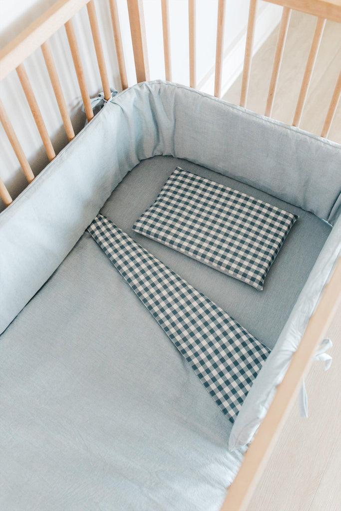 Blue Check Washed Cotton Cot Duvet Set-Ma Petite